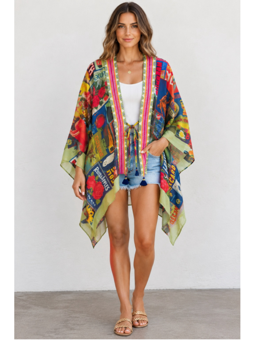 Johnny Was BIYA Crate Print Kimono One Size Multicolor Boho Tassel Poncho